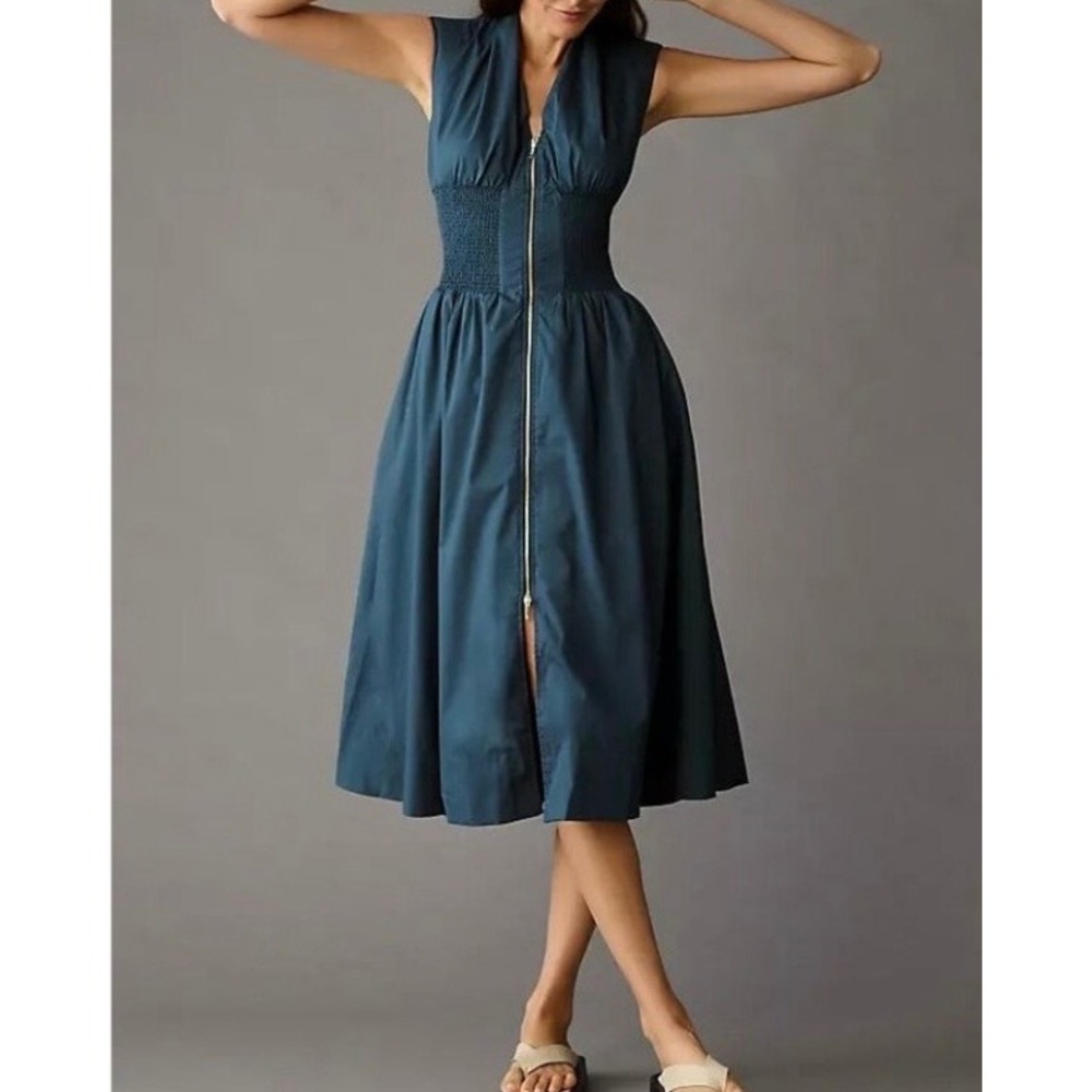 Anthropologie Tommie Denim Smocked Waist Zip Dress Cottagecore Rodeo Western L